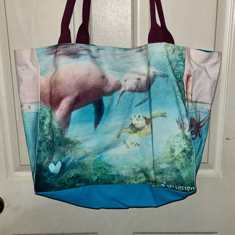 SEA LIFE LOVE Manatees Octopus Turtle Seagulls Tote Canvas Beach Bag. New. - Picture 3 of 7